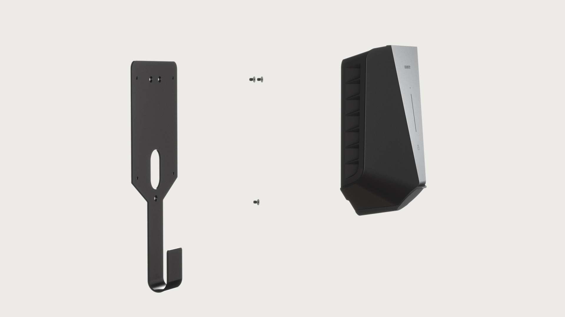 Exploding view of the Easee Mount. Three screws on a plate with a hook