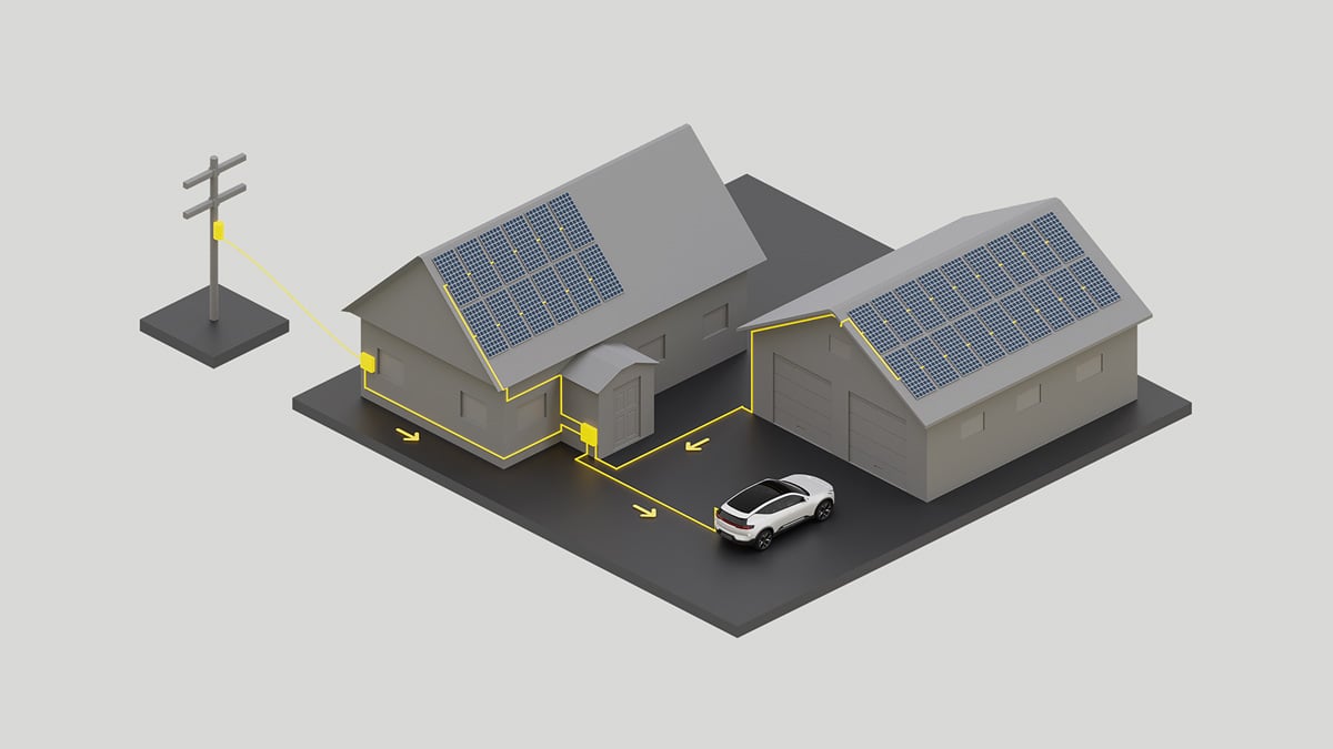 Illustration of a Polestar outside a house and a garage with solar panels. Energy is coming from the house and the garage.