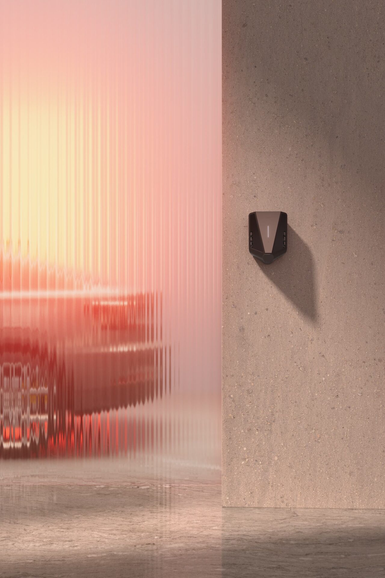 Blurry wall with car and coral light next to a black charger on a concrete wall