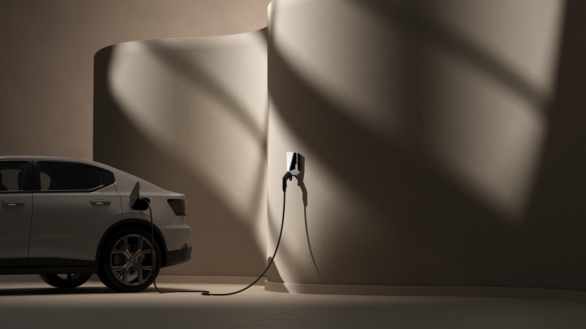 white charger on wave shaped wall charging white car
