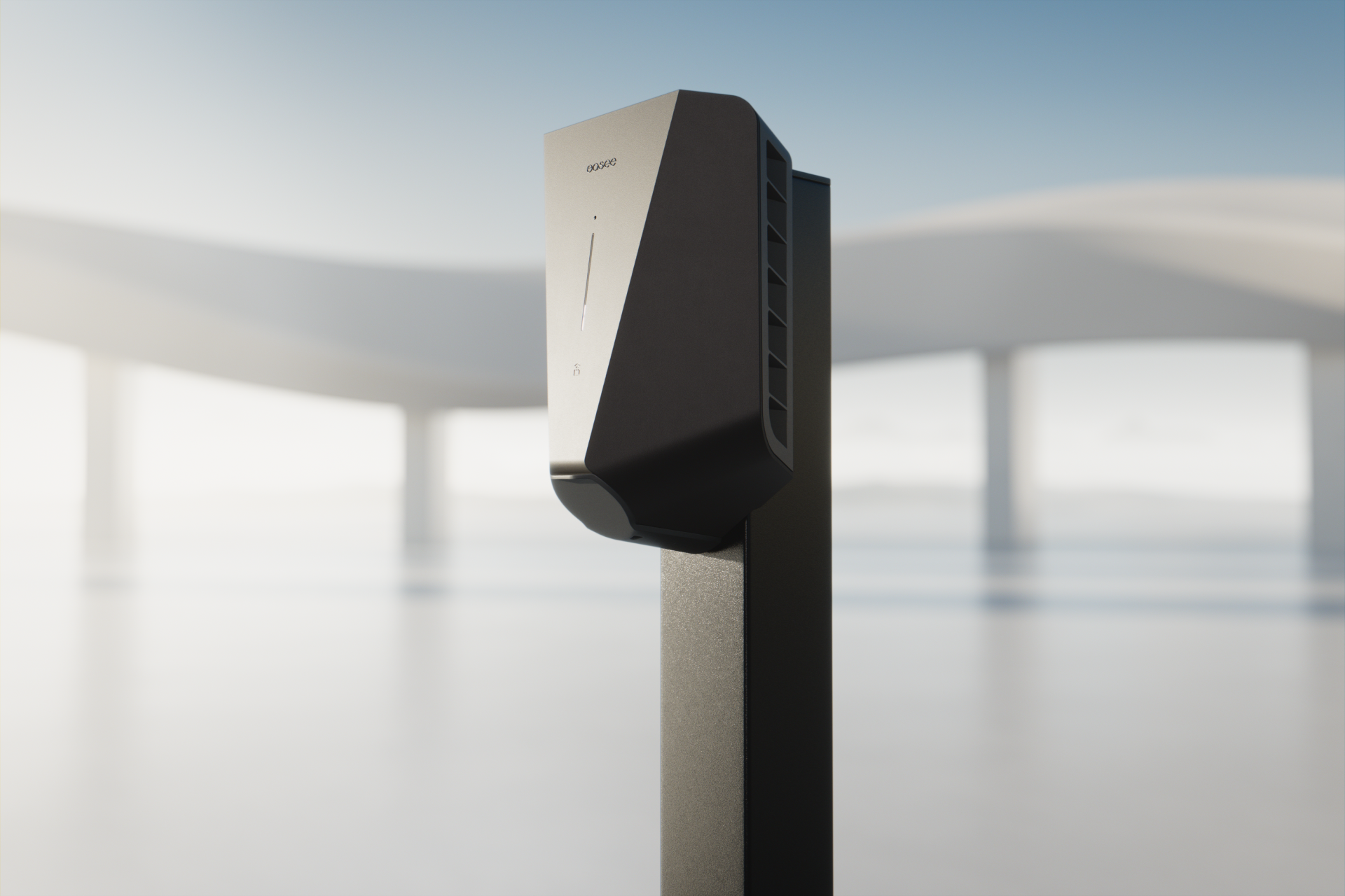 Easee-lader gemonteerd op een Easee Base in een minimalistische open ruimte