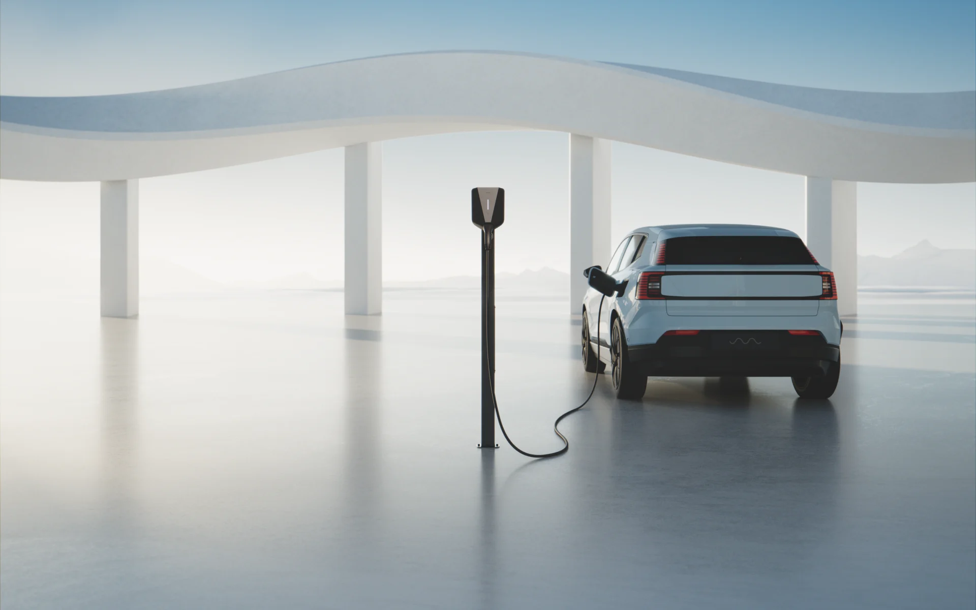 Easee-Ladegerät lädt ein Elektroauto in einem minimalistischen offenen Raum